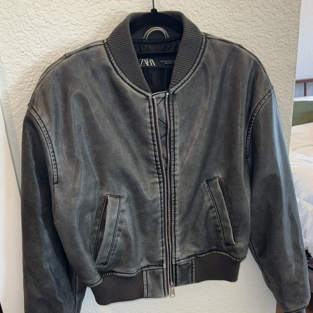 Zara Distressed Faux Leather Bomber Jacket - Picture 3 of 6
